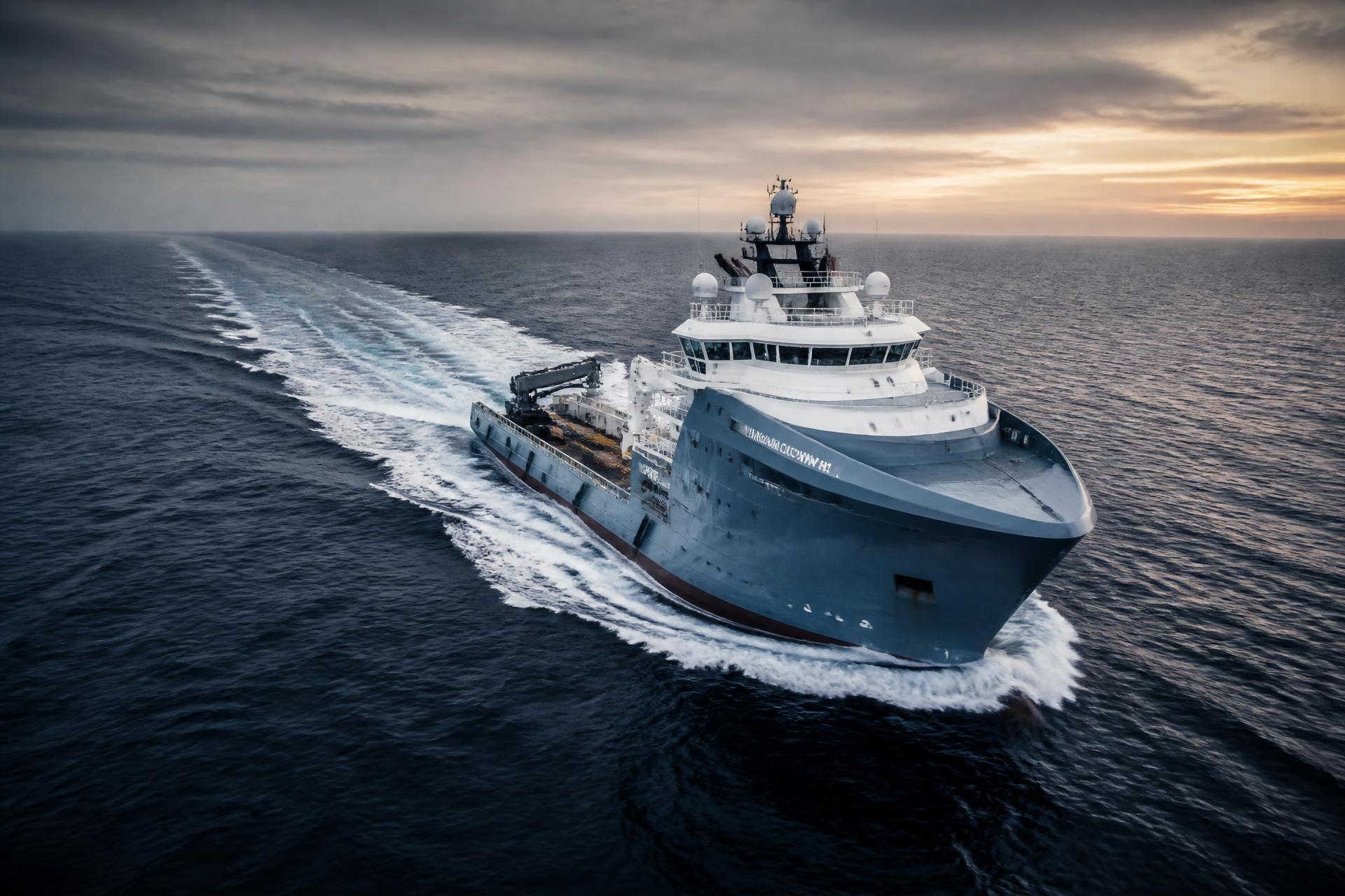 Offshore support vessel underway in open water at dawn